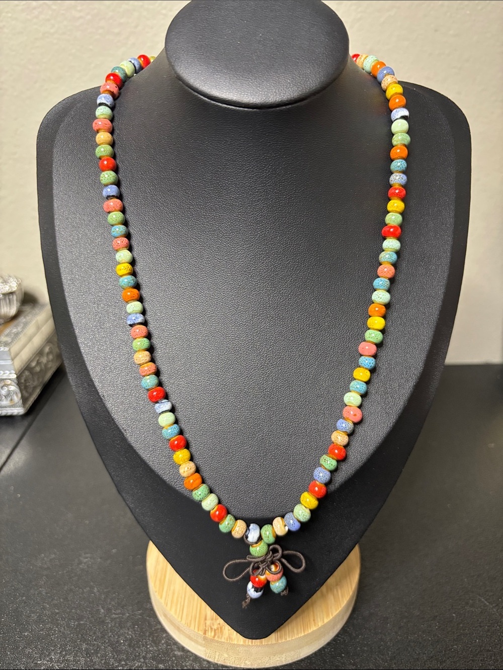 Colorful Multicolor Beaded Stretch Ceramic Necklace with Tassel Charm